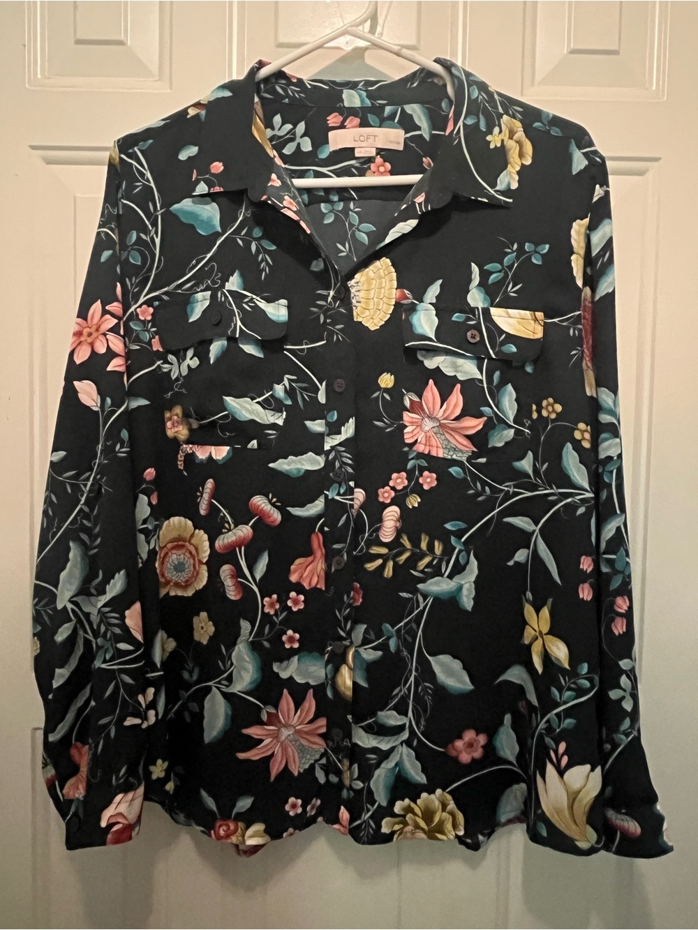 LOFT Dark Green Floral Button-Down Shirt with Pink, Yellow & Teal Accents